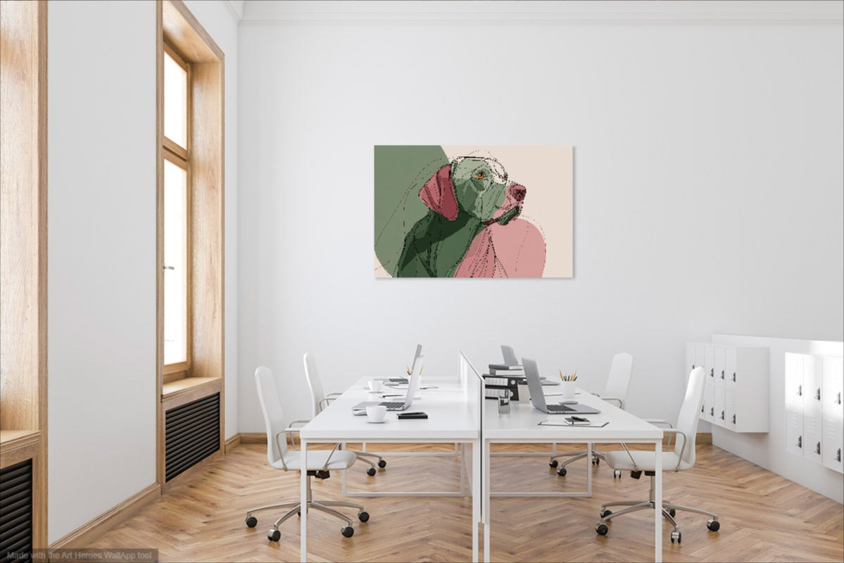 Abstrakcyjny Obraz Labradora – Sztuka Liniowa w Zielono-Różowej Palecie Barw