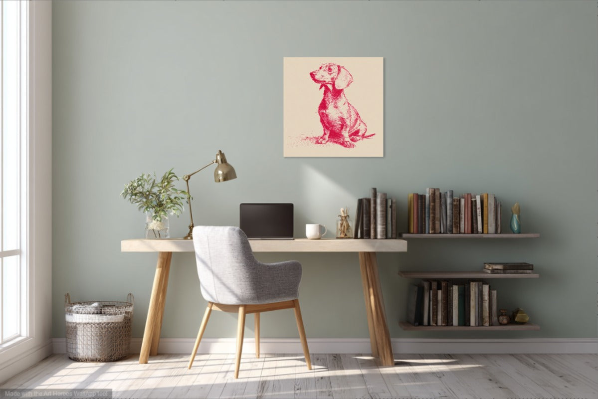 Minimalistyczny Szkic Jamnika – Czerwony Obraz na Beżowym Tle