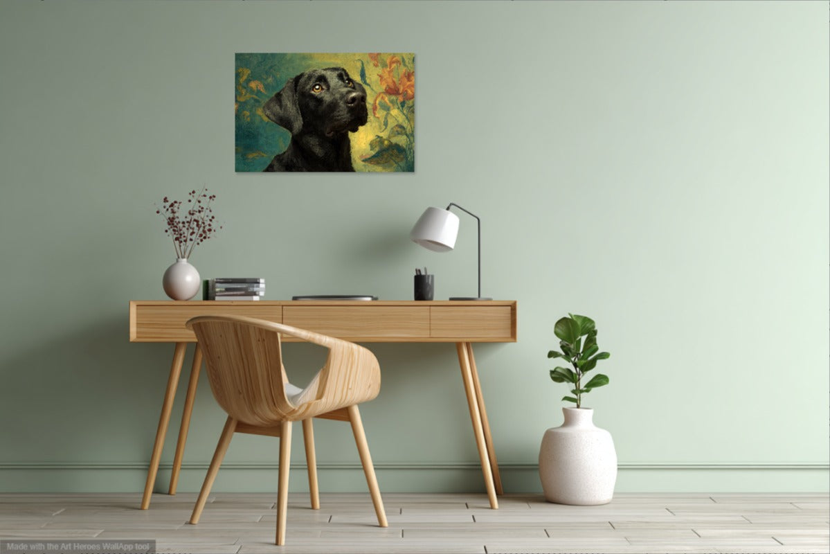 Czarny Labrador Na Tle Artystycznego Ogrodu – Obraz Malarski