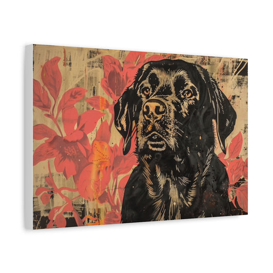 Czarny Labrador na Tle Czerwonych Kwiatów – Nowoczesny Obraz w Stylu Street Art