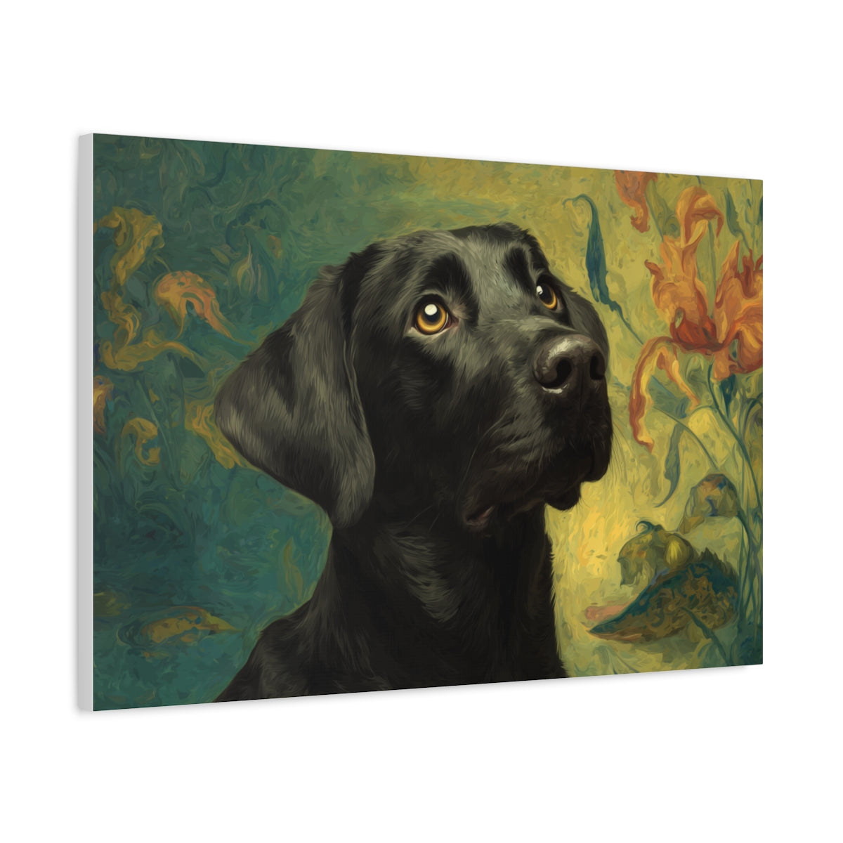 Czarny Labrador Na Tle Artystycznego Ogrodu – Obraz Malarski