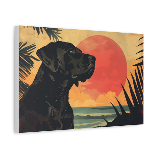 Czarny Labrador Na Tle Tropikalnego Zachodu Słońca – Obraz w Stylu Retro