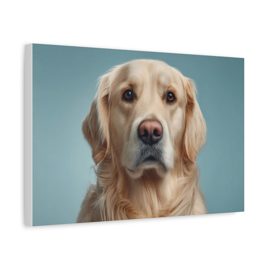 Golden Retriever Portret na Błękitnym Tle – Nowoczesny Obraz Psa do Dekoracji Wnętrz