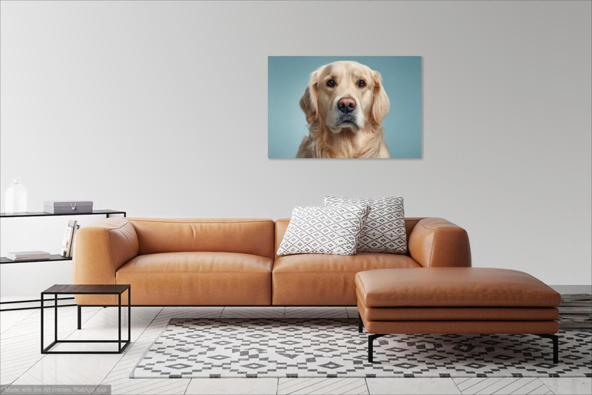 Golden Retriever Portret na Błękitnym Tle – Nowoczesny Obraz Psa do Dekoracji Wnętrz
