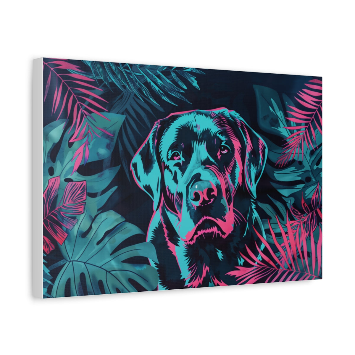 Labrador w Tropikalnych Liściach – Nowoczesny Obraz w Intensywnych Kolorach