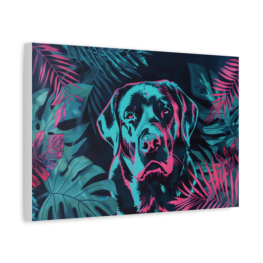Labrador w Tropikalnych Liściach – Nowoczesny Obraz w Intensywnych Kolorach
