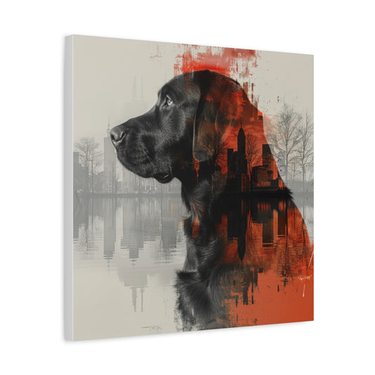 Obraz na Płótnie z Czarnym Labradorem i Panoramą Miasta