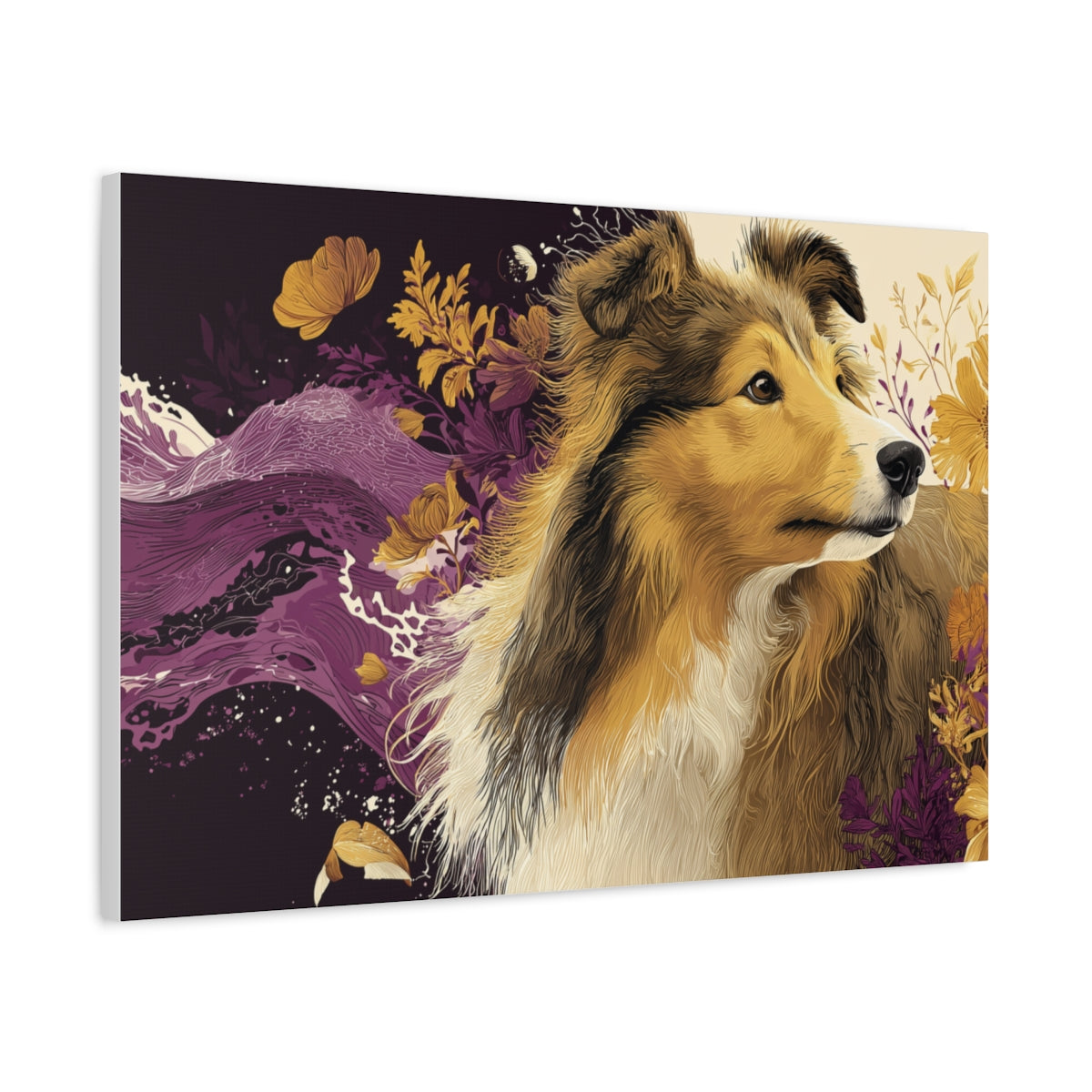 Sheltie Wśród Kwiatów – Obraz Pełen Harmonii i Spokoju