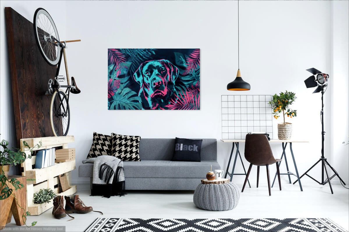 Labrador w Tropikalnych Liściach – Nowoczesny Obraz w Intensywnych Kolorach