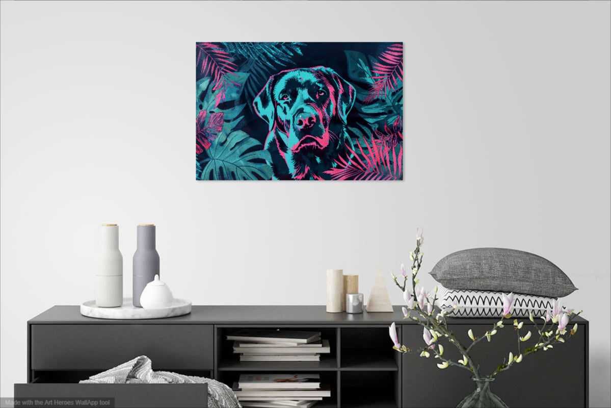 Labrador w Tropikalnych Liściach – Nowoczesny Obraz w Intensywnych Kolorach