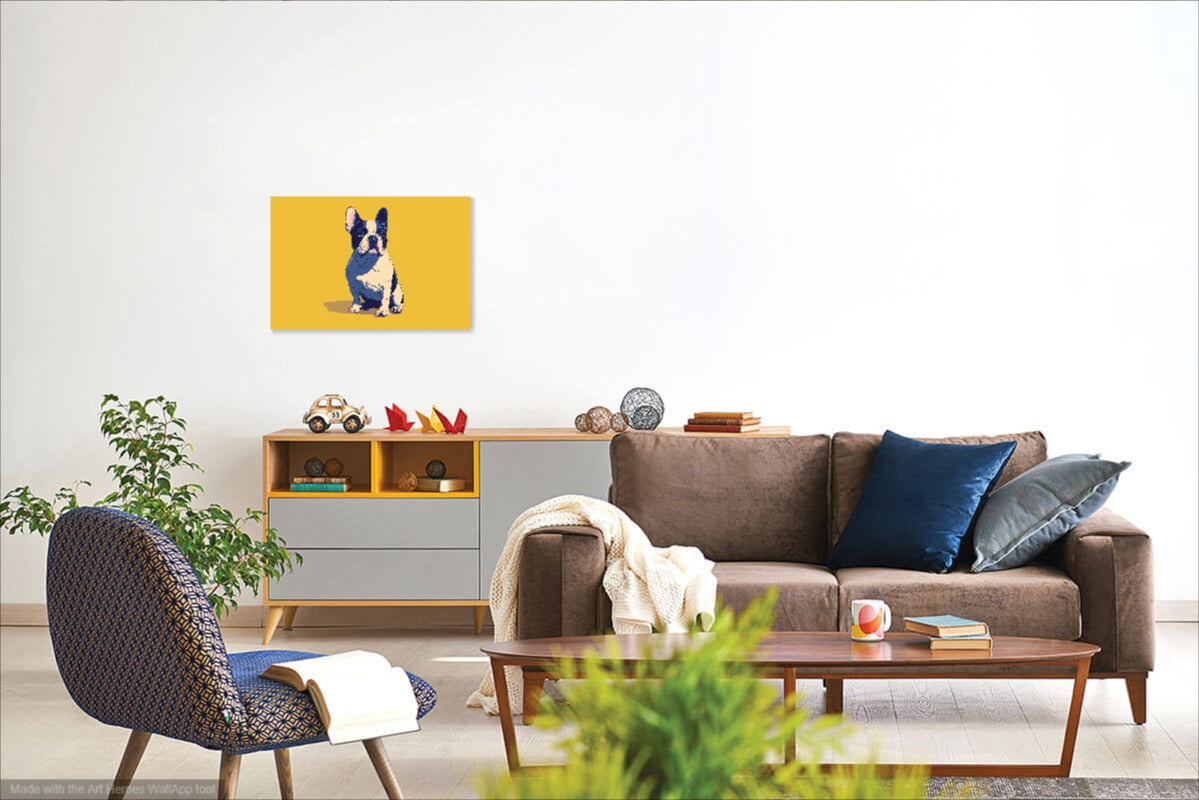 Buldog Francuski w Stylu Pop-Art – Kolorowy Obraz Na Żółtym Tle