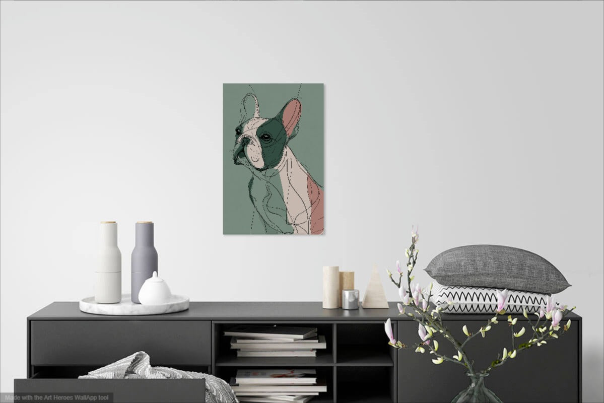Buldog Francuski Line Art – Abstrakcyjny Obraz w Zieleni i Różu