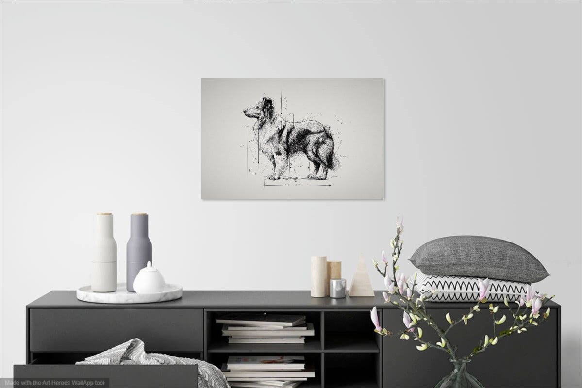Artystyczny Szkic Sheltie – Elegancka Czarno-Biała Grafika Ścienna