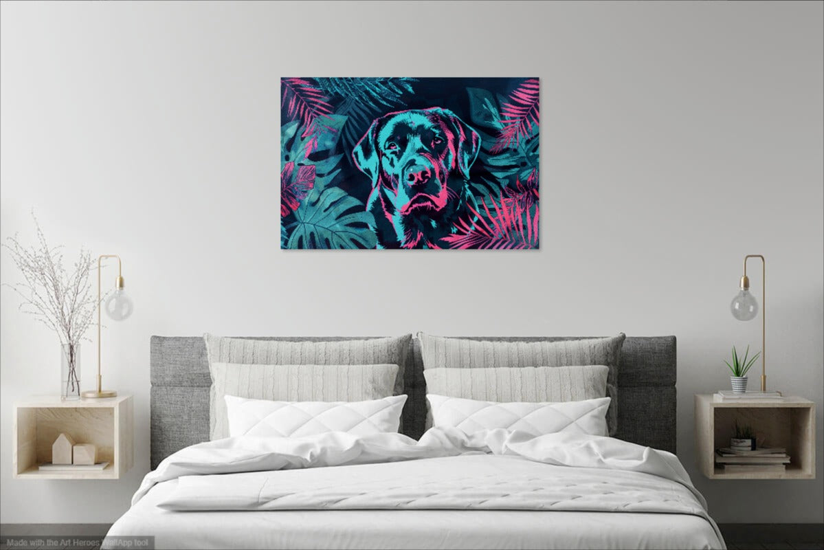 Labrador w Tropikalnych Liściach – Nowoczesny Obraz w Intensywnych Kolorach