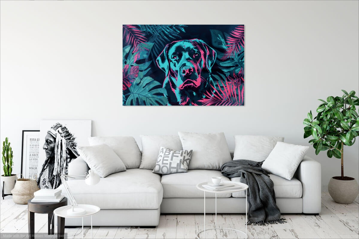 Labrador w Tropikalnych Liściach – Nowoczesny Obraz w Intensywnych Kolorach