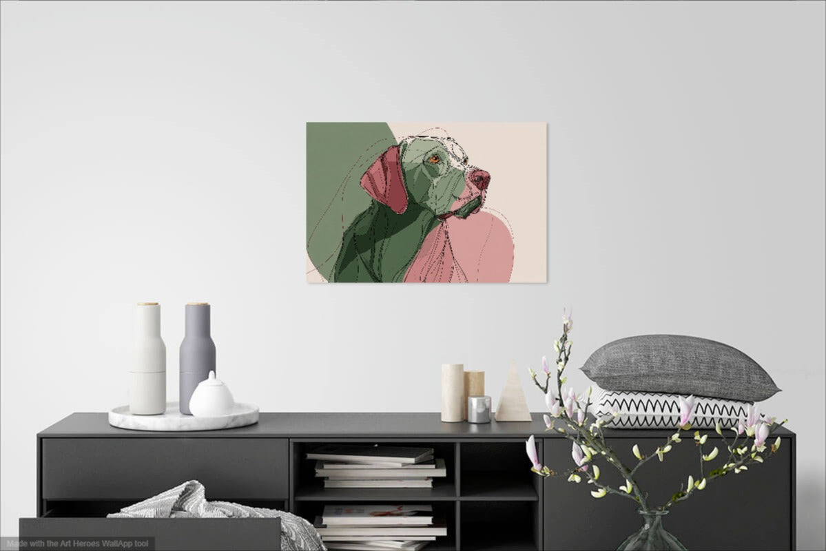 Abstrakcyjny Obraz Labradora – Sztuka Liniowa w Zielono-Różowej Palecie Barw