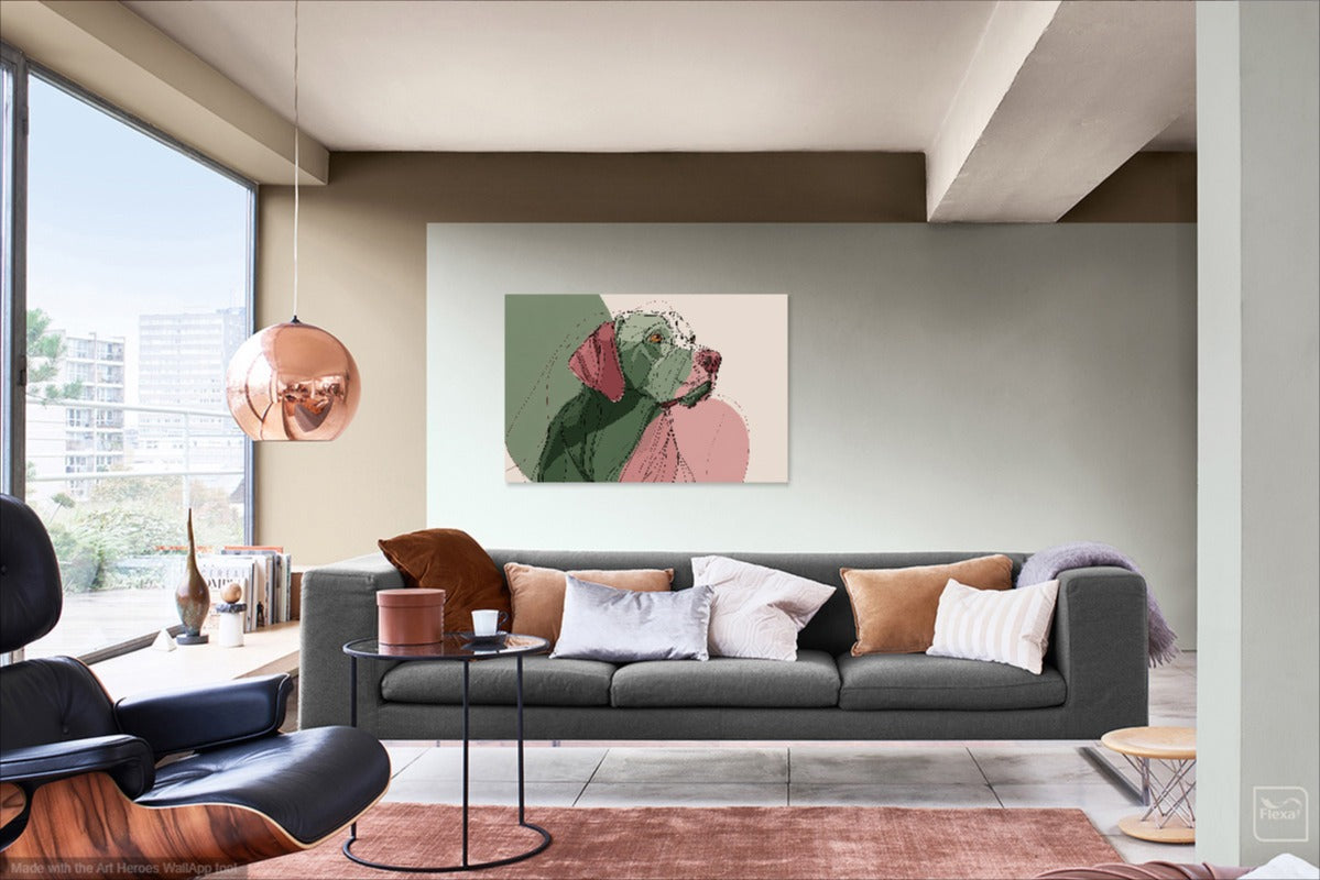 Abstrakcyjny Obraz Labradora – Sztuka Liniowa w Zielono-Różowej Palecie Barw