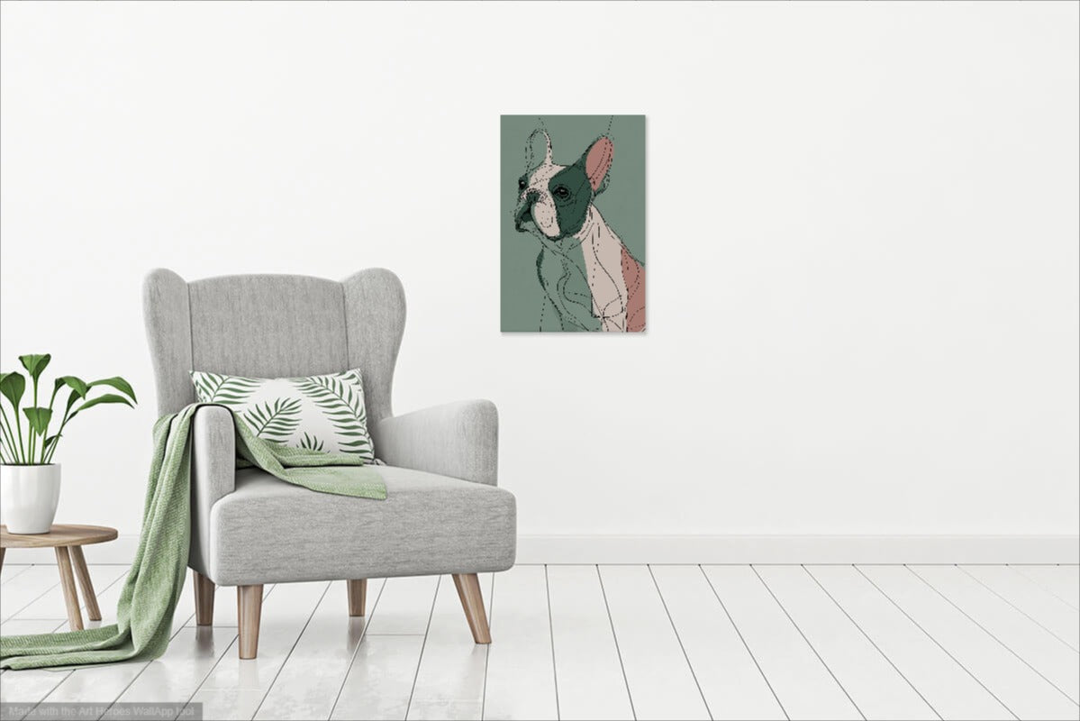 Buldog Francuski Line Art – Abstrakcyjny Obraz w Zieleni i Różu