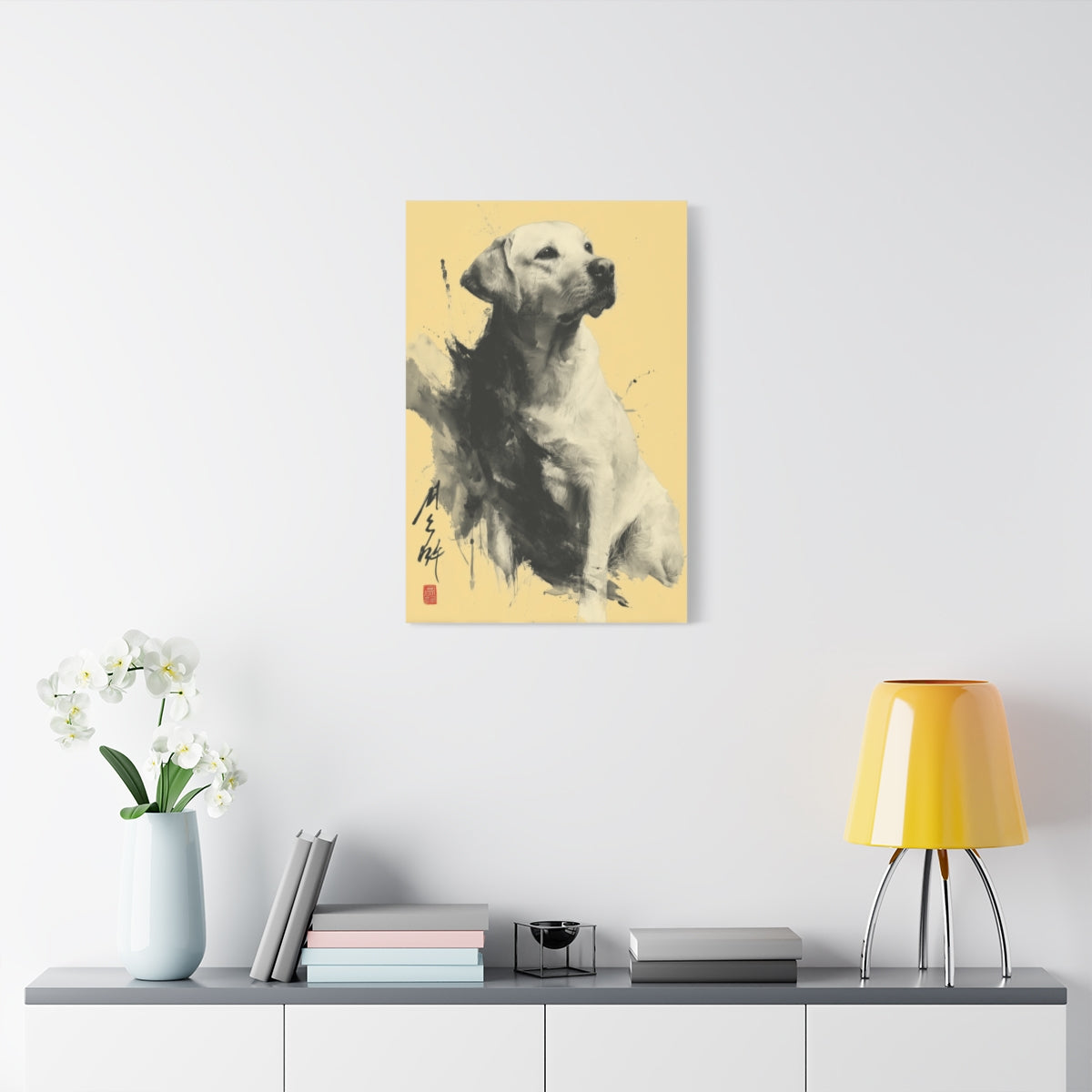 Japoński Labrador - Minimalistyczny Obraz w Stylu Ink Wash