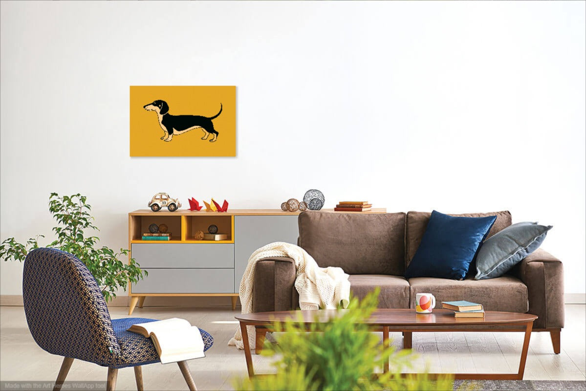 Jamnik na Żółtym Tle – Nowoczesna Grafika do Dekoracji Ściennej