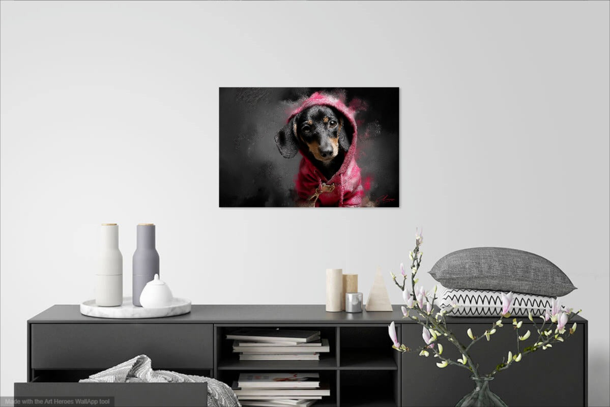 Czarny Jamnik w Różowej Bluzie – Sztuka Uliczna Na Płótnie