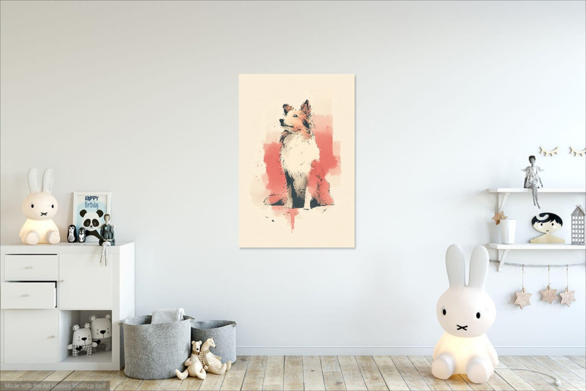 Obraz Owczarek Szetlandzki z Różowym Tłem – Miękka i Subtelna Dekoracja