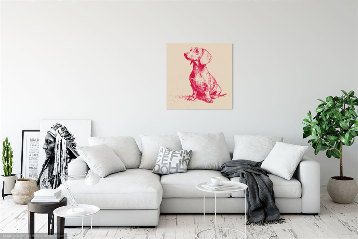 Minimalistyczny Szkic Jamnika – Czerwony Obraz na Beżowym Tle