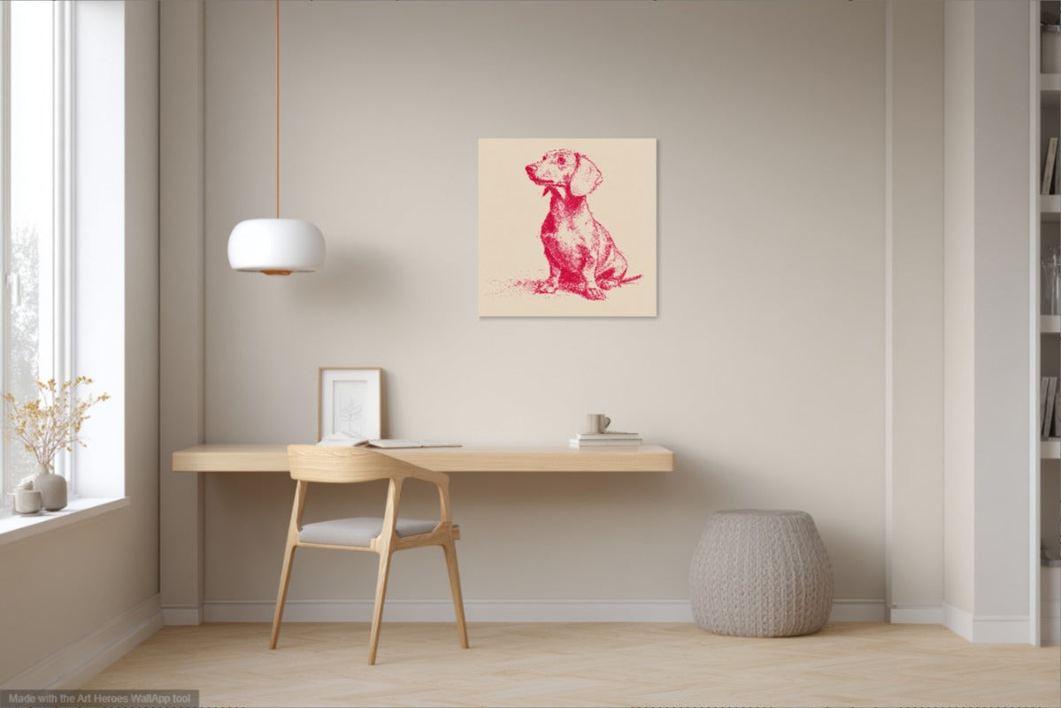 Minimalistyczny Szkic Jamnika – Czerwony Obraz na Beżowym Tle