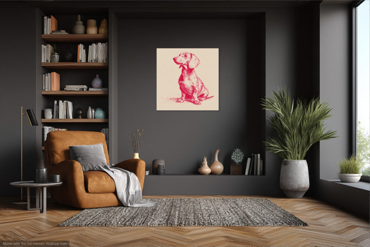 Minimalistyczny Szkic Jamnika – Czerwony Obraz na Beżowym Tle