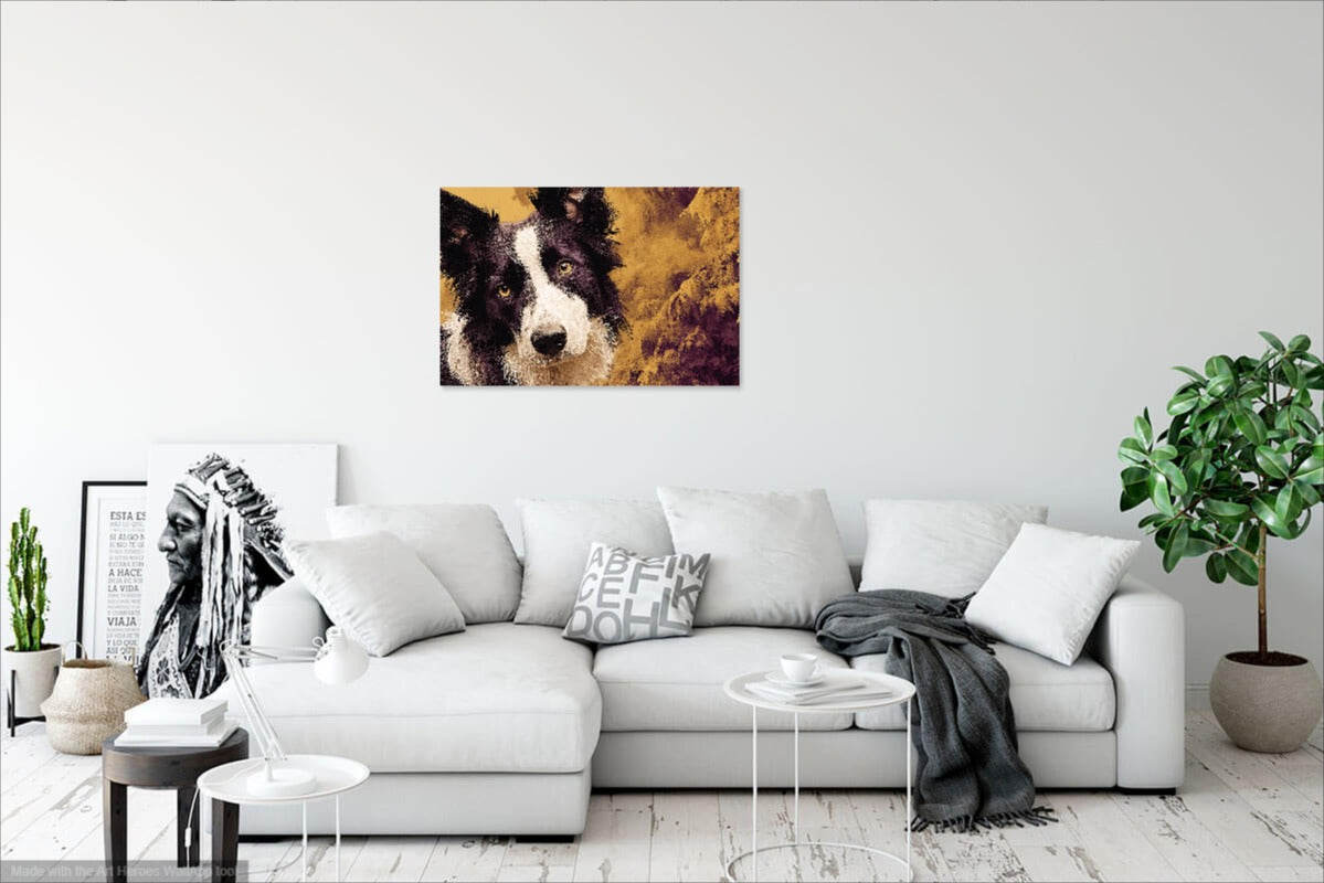 Dekoracyjny Obraz z Border Collie – Złoto-Fioletowe Tło