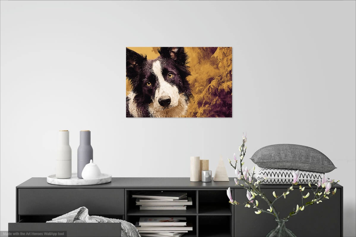 Dekoracyjny Obraz z Border Collie – Złoto-Fioletowe Tło