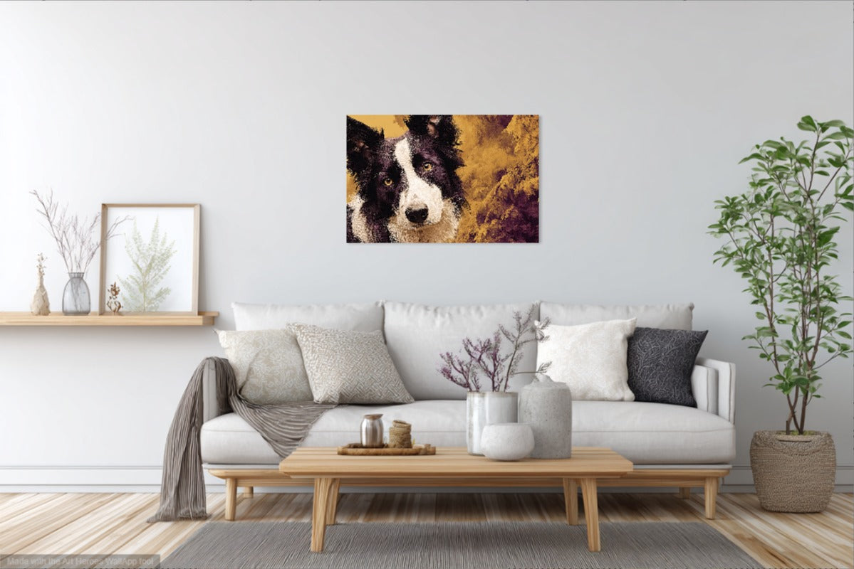 Dekoracyjny Obraz z Border Collie – Złoto-Fioletowe Tło