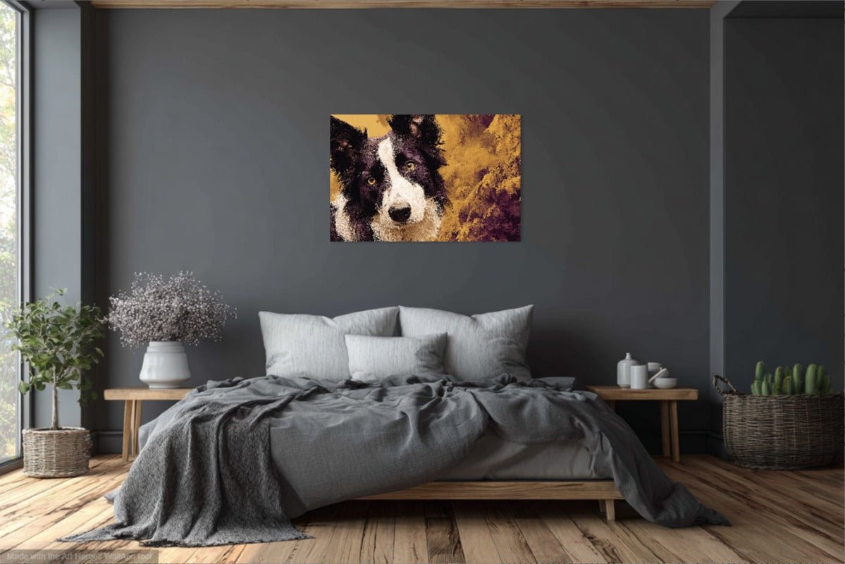 Dekoracyjny Obraz z Border Collie – Złoto-Fioletowe Tło