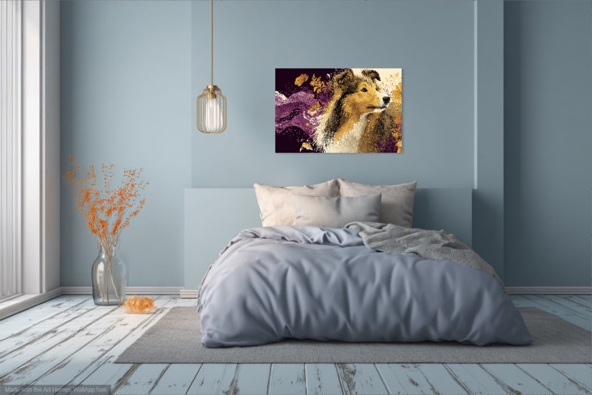 Sheltie Wśród Kwiatów – Obraz Pełen Harmonii i Spokoju