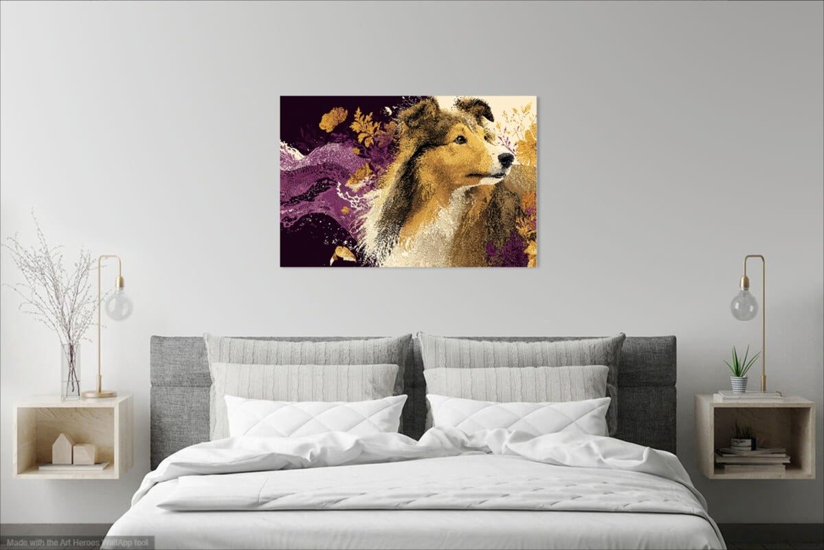 Sheltie Wśród Kwiatów – Obraz Pełen Harmonii i Spokoju