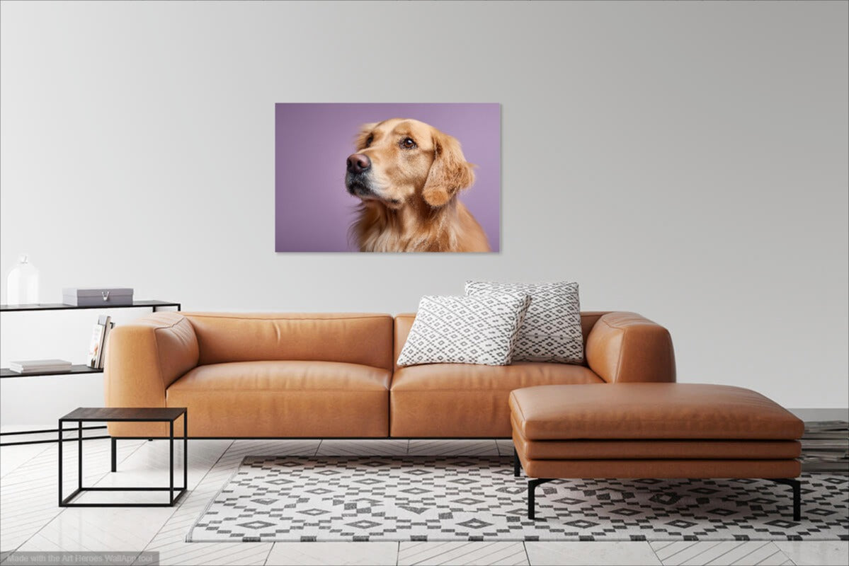 Golden Retriever na Fioletowym Tle – Elegancki Portret Psa do Dekoracji Ściennej