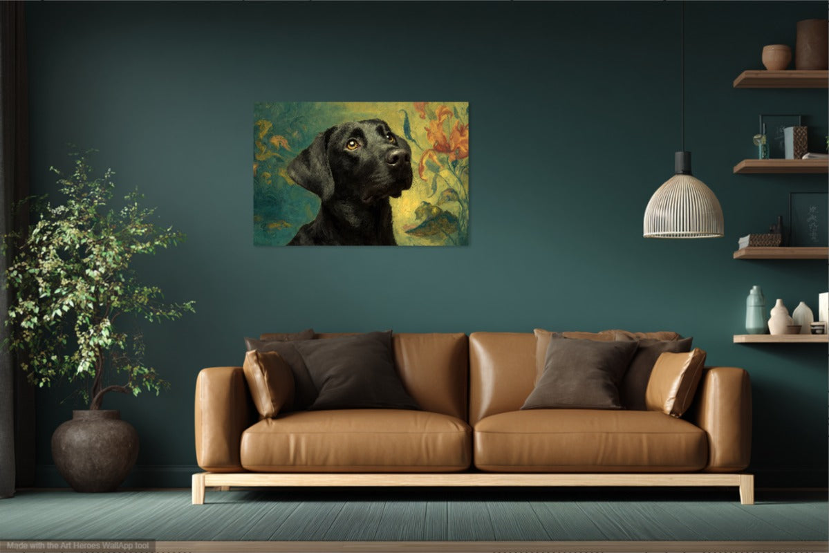Czarny Labrador Na Tle Artystycznego Ogrodu – Obraz Malarski