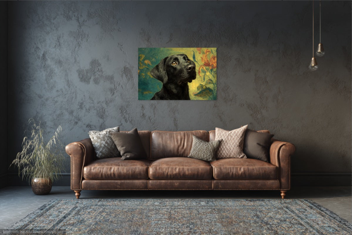 Czarny Labrador Na Tle Artystycznego Ogrodu – Obraz Malarski