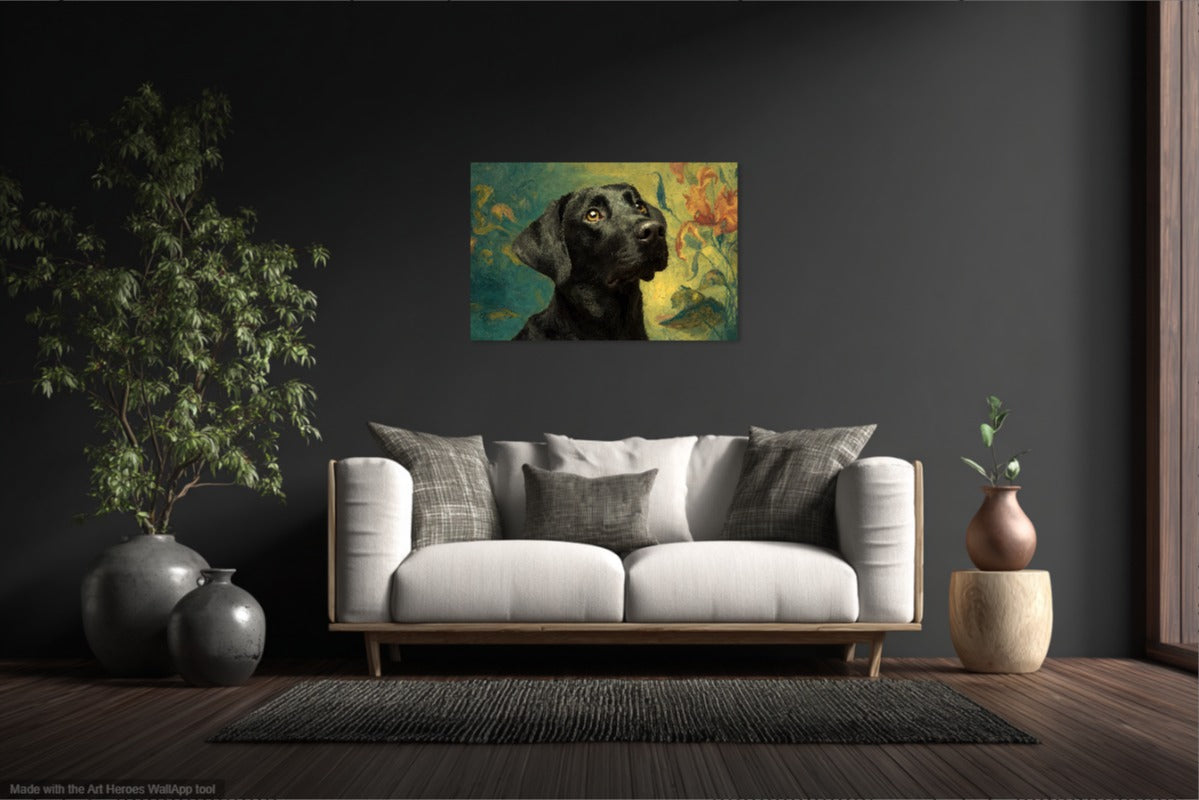 Czarny Labrador Na Tle Artystycznego Ogrodu – Obraz Malarski