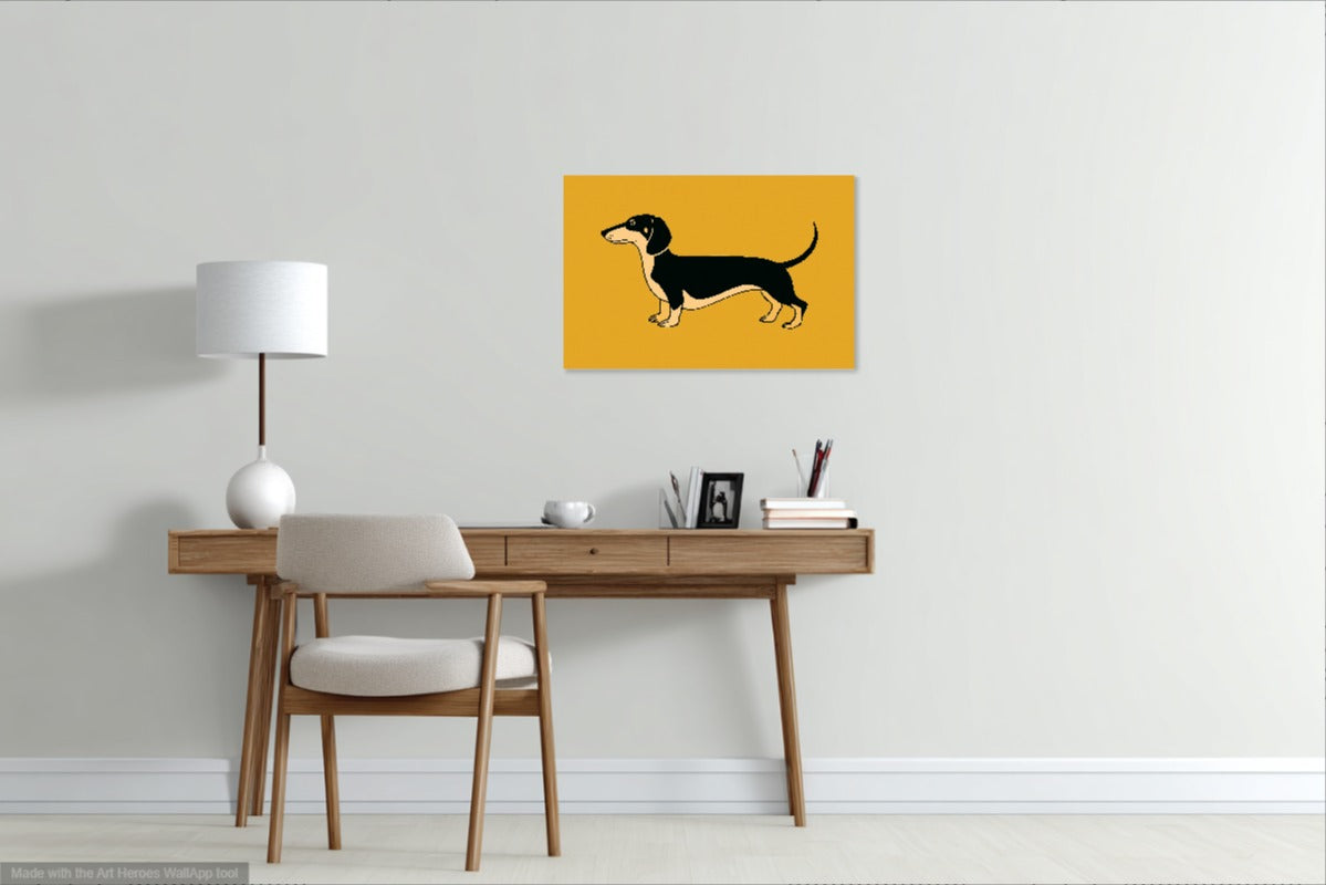 Jamnik na Żółtym Tle – Nowoczesna Grafika do Dekoracji Ściennej